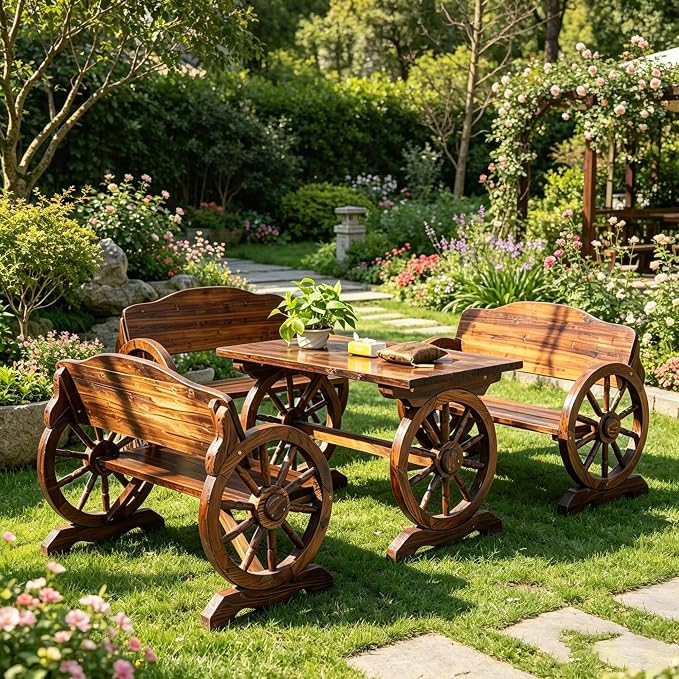 3 Pieces Patio Dining Set, Outdoor Wooden Rectangular Table and Benches,Rustic Wheel Bench Outside Furniture Set for Patio Porch,Deck, Lawn, Garden and Backyard(59in)