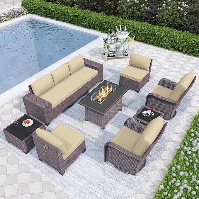 Patio Furniture Set 10 Pieces Outdoor Furniture Patio Conversation Set w/43in 55000 BTU Propane Fire Pit Table,PE Rattan Wicker 10 Pcs Outdoor Sofa Set w/Swivel Rocking Chairs,Sand