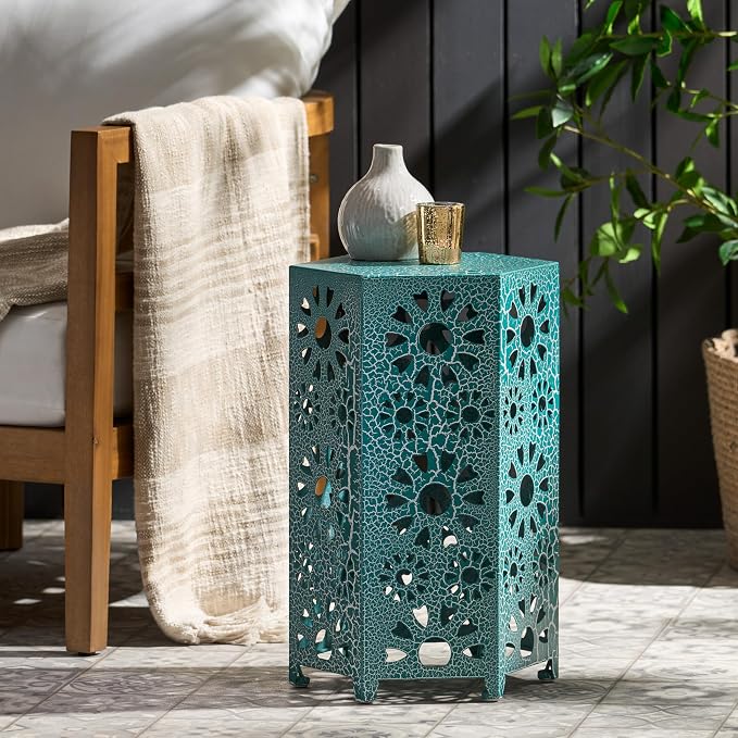 Merax Iron Patio Side Table with Sunburst Cut Out Design 12"x18.5" Outdoor End Table Hexahedron Accent Table (Teal)