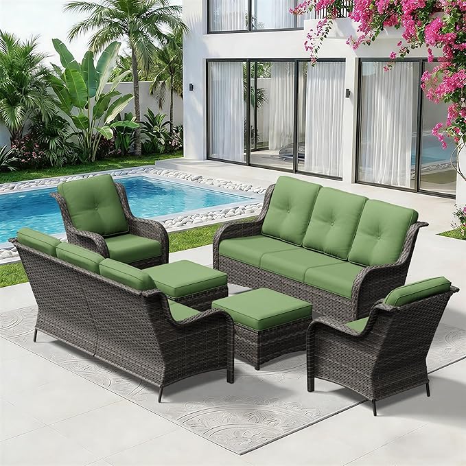 6 Piece Outdoor Wicker Patio Furniture Set, Patio Chairs Set with Thickened Olefin Cushions, High Back and Deep Seating, Hand-Woven PE Rattan, Ottoman for Porch, Deck