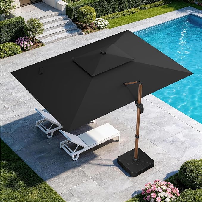 GENTEACO 10x13FT Wood Pattern Cantilever Patio Umbrella, Double Top Rectangle Offset Umbrella 7 Angle Tilts & 360° Rotation, Large Heavy Duty Outdoor Sun Umbrella for Pool Market, Black