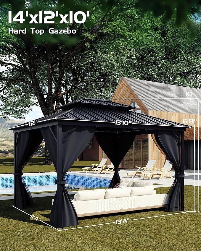 Hardtop Gazebo 12'x14' for All Weather, with Double Metal Roof, Aluminum Alloy Frame, Net, and Curtain, Permanent Building for Patio, Deck, Backyard, Lawn, and Garden, Gray
