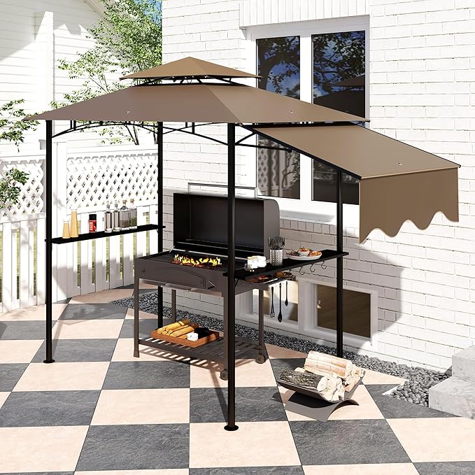 Outsunny 8' x 5' Grill Gazebo, Double Tiered Outdoor BBQ Gazebo with Side Awning, 2 Side Shelves and 6 Hooks for Patio, Deck, Yard, Brown