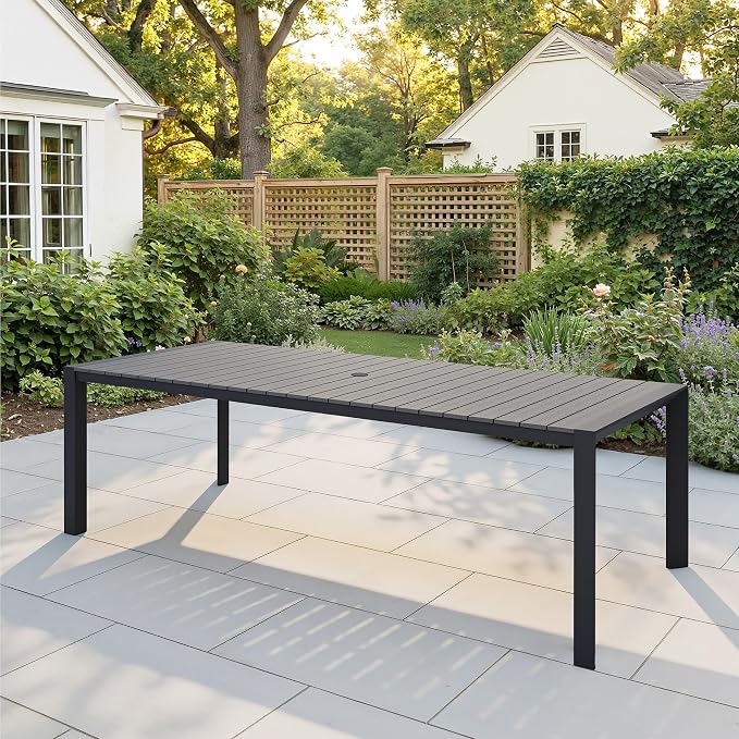 Crestlive Products 95" Outdoor Dining Table for 10, Aluminum Patio Dining Table with Umbrella Hole Weather-Resistant Rectangle Outside Table for Garden Backyard Deck, Grey