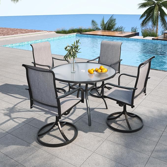 Outdoor Grey Patio Swivel Rocker Chairs and 40" Glass Round Table Set Sty2 | 4 Piece Swivel Chairs: High Back, Curved Armrest, Textilene Fabric, Rocking; 48 inch Metal Round Table, All Weather