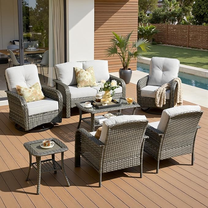 7-Piece Patio Furniture Set, Outdoor Wicker Furniture with Coffee Table, High Back Swivel Rocker Patio Chairs, Modern Rattan Outdoor Chairs Conversation Set for Porch, Balcony, Garden, Grey