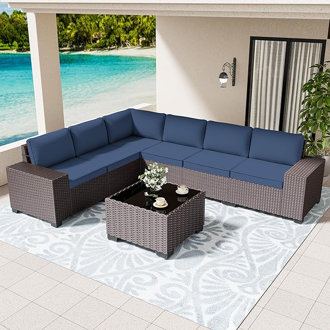 Patio Furniture Set Sofa 7-pcs Wicker Sectional Sofa Set,Outdoor Furniture Rattan Patio Conversation Sets with Seat Cushions and Tempered Glass Coffee Table