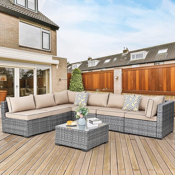 JAMFLY 7-Piece Outdoor Patio Furniture Set, Modular PE Rattan Sectional Sofa with Thick Cushions & Glass Coffee Table, Weather-Resistant Wicker Conversation Set for Poolside, Balcony, Garden, Khaki
