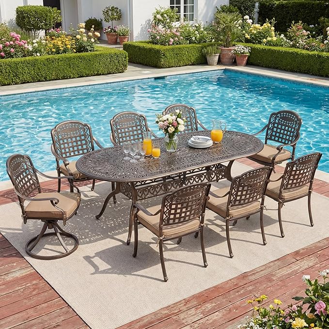Redlife 9-Piece Cast Aluminum Outdoor Dining Set, 86" Oval Patio Table with Umbrella Hole, 2 Swivel Rocker Chairs & 6 Stackable Chairs with Cushions, Lattice Backrest, All-Weather Waterproof