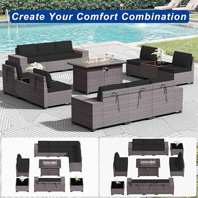 Outdoor Patio Furniture Set with Fire Pit Table, 13 Pieces Outdoor Furniture Set Patio Sectional Set w/43in Propane Fire Pit, PE Wicker Rattan Patio Conversation Sets - Black.
