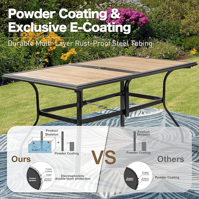 SUNSHINE VALLEY 60" Patio Dining Table for 6,Teak Color Rectangle Patio Table with Umbrella Hole,E-Coating and Powder Coating Steel Frame Metal Outdoor Patio Table for Garden Backyard Lawn Yard