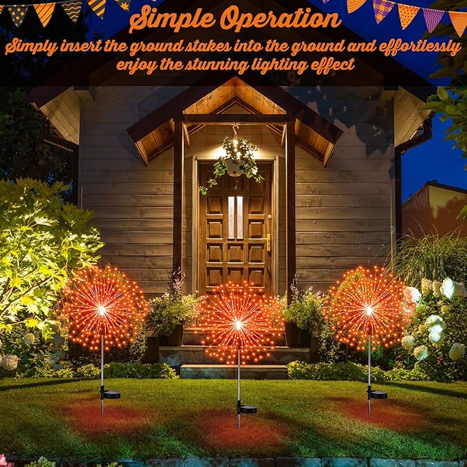 Tujoe 4 Pcs Christmas Solar Decoration Outdoor Orange Solar Firework Lights 180 LED 8 Modes Waterproof LED Stake Sparkler Decor for Holiday Walkway Pathway Garden Driveway Path Lawn Yard (Orange)