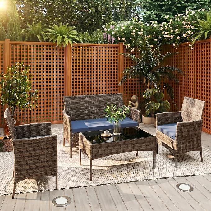 4 Pieces Outdoor Patio Furniture Set, Wicker Patio Conversation Set with Tea Table, All-Weather Outside Rattan Sectional Sofa for Backyard, Poolside, Garden, Balcony, Brown/Navy