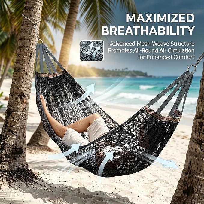Camping Hammock Lightweight Portable, Anti-roll Breathable Mesh Outdoor Hammock with Tree Straps & Carry Bag, Black (102.36x51.18in)