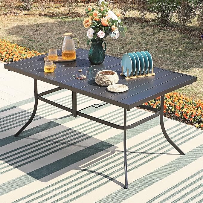 Sophia & William 7 Pieces Outdoor Patio Dining Set with 13ft Navy Patio Umbrella for Outside, Metal Patio Table and Rattan Chairs Set with Cushion and 1.6" Adjustable Umbrella Hole