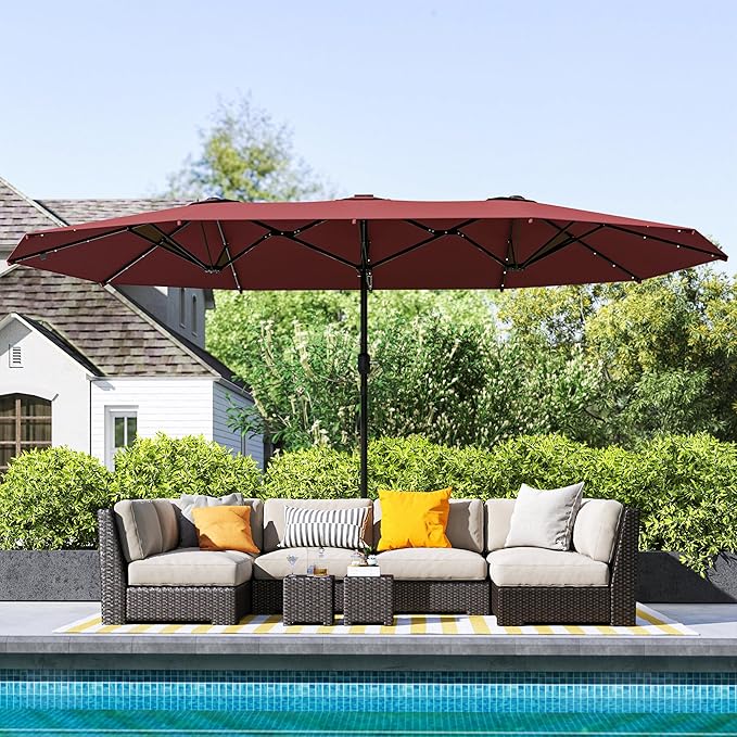 Outsunny 14.4ft Large Patio Umbrella with 36 Solar LED Lights, Double Sided Outdoor Umbrella with Base Included