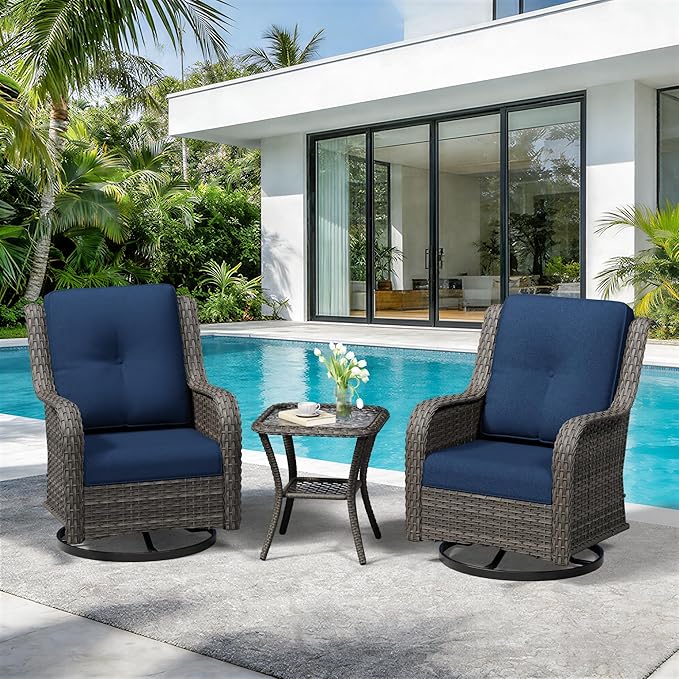 3 Piece Outdoor Wicker Patio Furniture Set, Swivel Rocker Patio Chairs Set with Thickened Olefin Cushions, High Back and Deep Seating, Hand-Woven PE Rattan for Porch, Deck