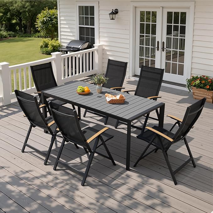 Crestlive Products Outdoor Dining Table for 6, 71in Aluminum Patio Table with Umbrella Hole Weather-Resistant Rectangle Outside Table for Garden Backyard Indoor, Grey