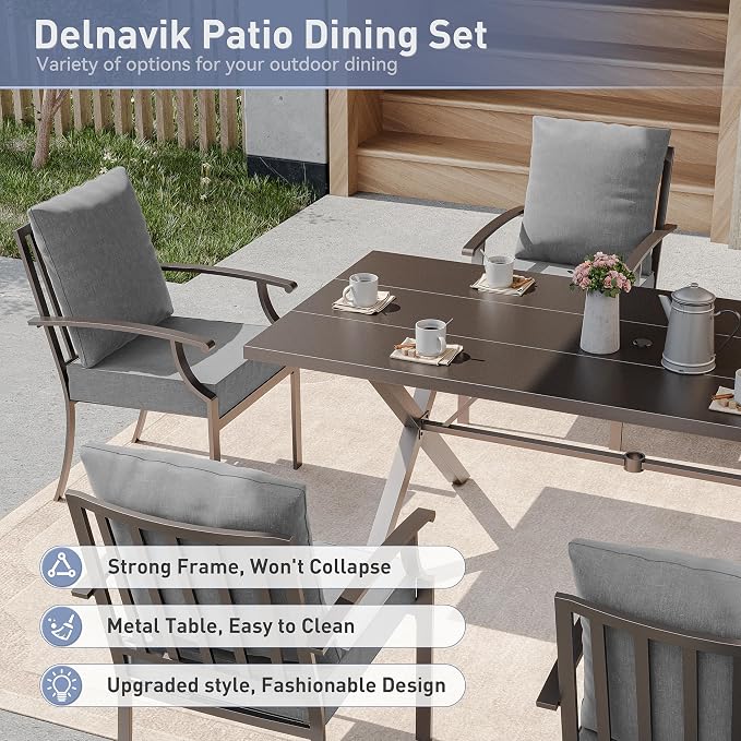 Kurapika 9 Pieces Patio Dining Set Outdoor Furniture with 8 Fixed Chairs, Metal Patio Furniture Set 8 Chairs and Large Table with Umbrella Cutout for Yard Porch, Grey