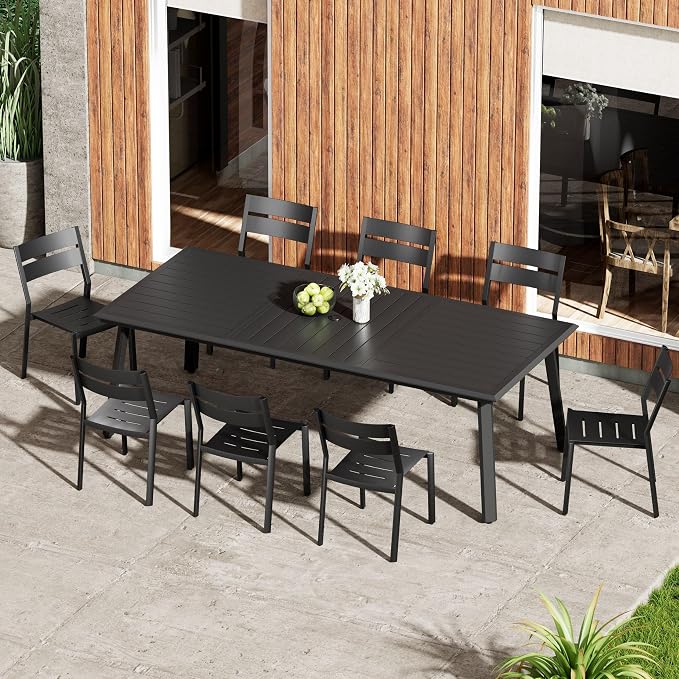Aluminum Outdoor Dining Set for 8 with Stackable Armless Chairs | 82" Large Rectangular Patio Table Rust Proof Outdoor Furniture with Umbrella Hole for Lawn Garden Deck