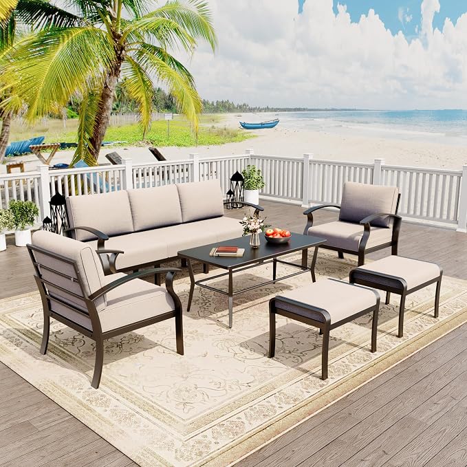Kurapika Aluminum Patio Furniture Set 5-Seat Modern Outdoor Conversation Sets w/2 Ottomans with Rectangular Coffee Table, Sand