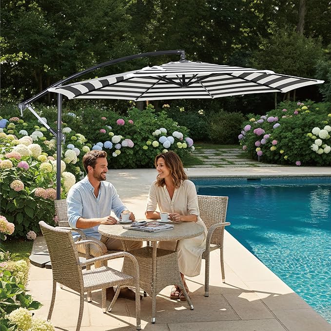 10FT Offset Patio Umbrella, Cantilever Hanging Umbrella with Infinite Tilt, Fade-Resistant Water-Repellent Canopy & Cross Base for Yard, Garden & Deck