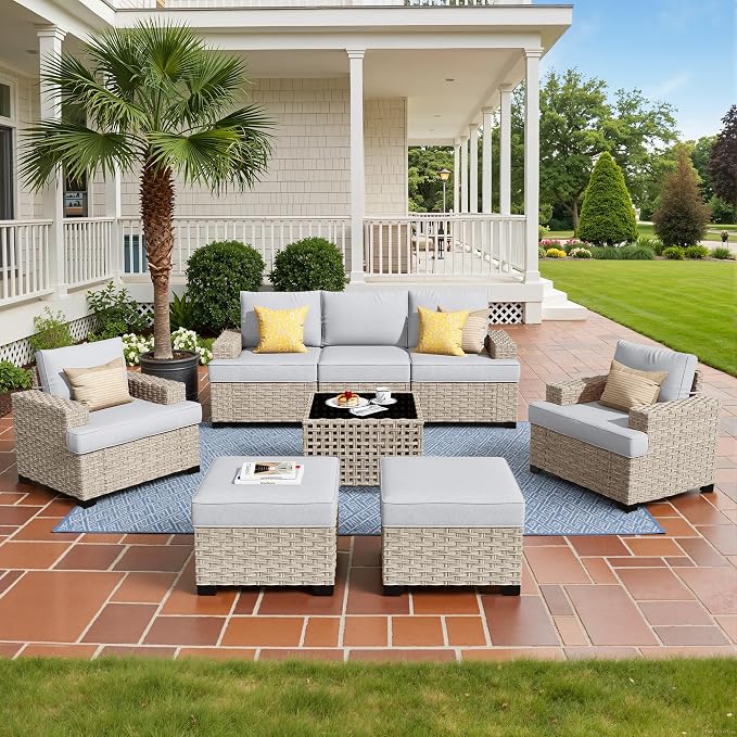 Weaxty 8 Pieces Outdoor Furniture Set, Patio Sectional Sofa Wide Seats Couch Chair with Ottoman Solar Table, Thick Cushion All-Weather Rattan Patio Conversation Sets for Backyard Porch Deck, Gray