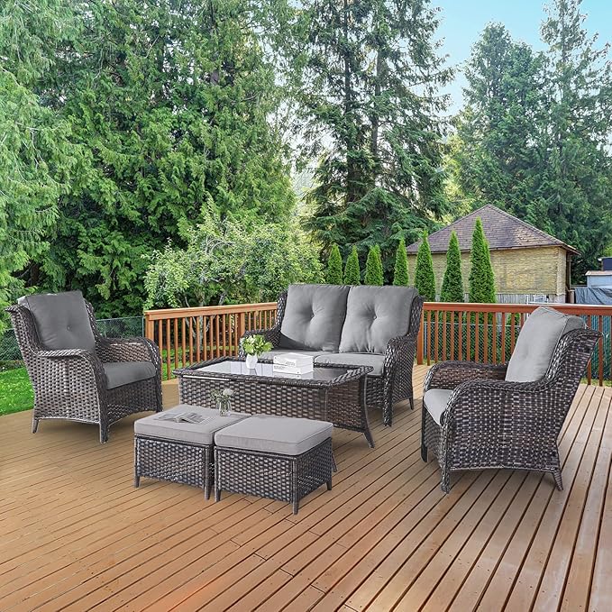 Belord 6 Pieces Patio Furniture Set Outdoor Wicker Furniture, 2 Patio Wicker Chairs with 1 Loveseat Sofa, Coffee Table and Ottomans, Patio Conversation Set for Porch Garden Deck Balcony Poolside