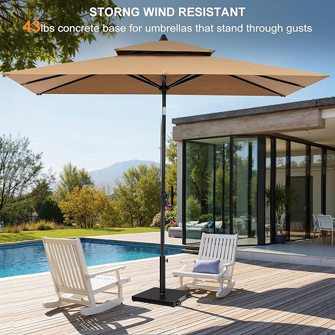 9-10ft Patio Umbrella with Base Included - Outdoor Table Umbrella with 2-Year Fade-Resistant Canopy, 43-lb Heavy-Duty Concrete Umbrella Stand with Wheel for Deck, Porch & Backyard
