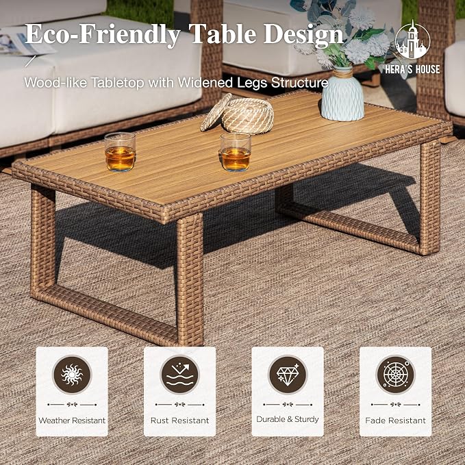 HERA'S HOUSE Patio Furniture Set, 4-Seat Outdoor Wicker Couch Conversation Sets with 10" Ultra Thick Cushion, Low Profile Yellow Rattan Furniture with 5.3" Wide Arm for Backyard Lawn Garden