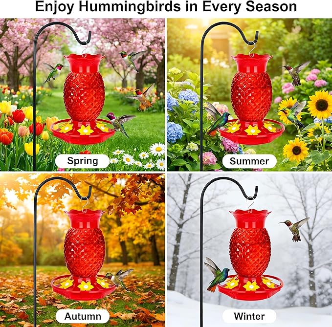 Fchstaer Glass Hummingbird Feeders for Outdoors Hanging 16oz 2 Pack Red Pineapple Bee & Ant Proof 360°Perch Leakproof Easy Clean with 6 Feeding Ports Gifts for Mom