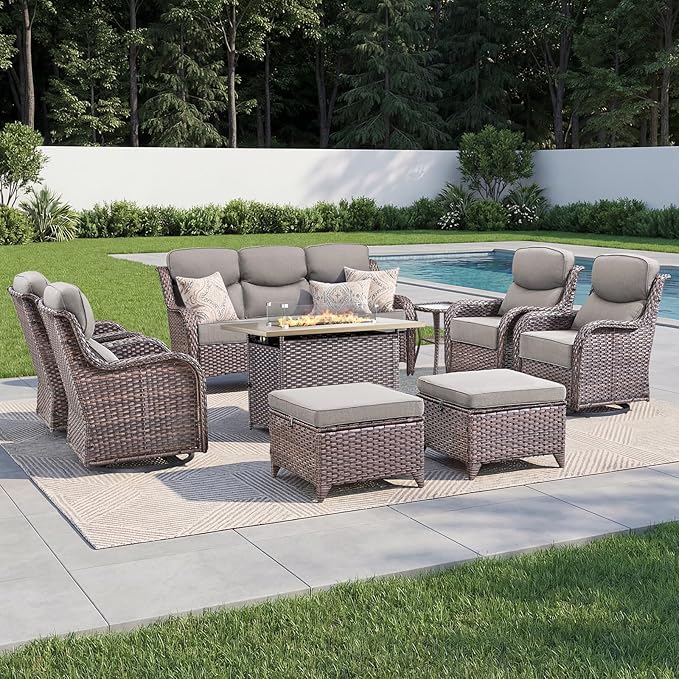 Luxury Patio Furniture Set with 6-inch Thick Cushion, Outdoor Furniture with Fire Pit Table, Swivel Chairs, Sofa, Side Table, Ottomans, 9pcs Wicker Conversation Set for Deck Yard and Poolside(Grey)