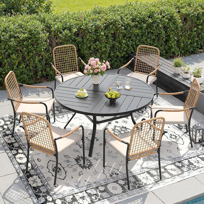 DIFY 47.2" Round Outdoor Patio Dining Table for 6, Metal Patio Table with 1.57" Adjustable Umbrella Hole, All-Weather Outdoor Furniture Table for Garden Backyard Deck, Black