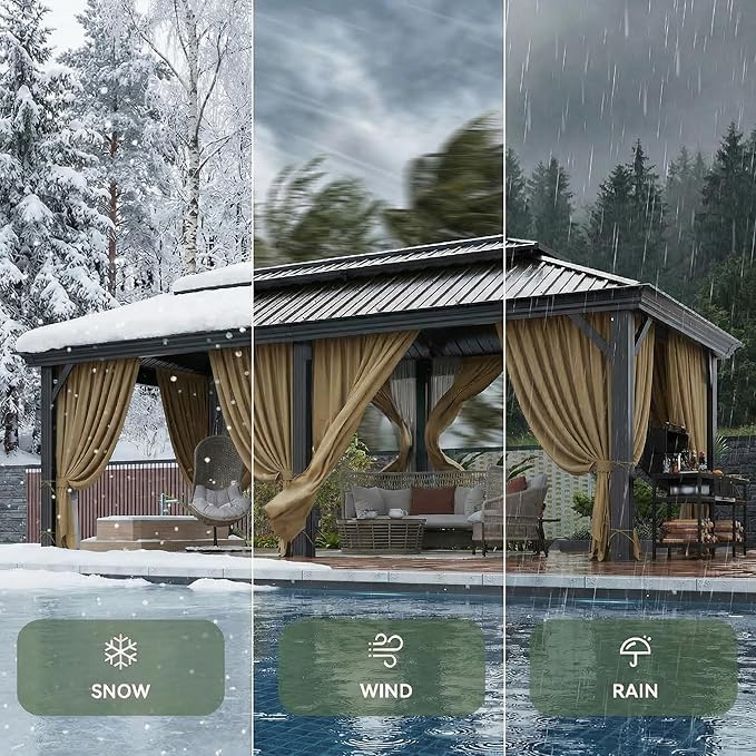 HOTEEL 12x20 Gazebo on Clearance with Metal Roof & Drainage System, Heavy Duty Hardtop Gazebo with Flame-Retardant Curtain & Netting, Outdoor Gazebos with Galvanized Steel Double Roof for Patio, Party