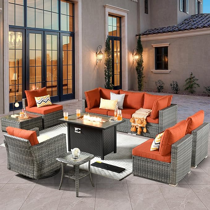ovios 10 Piece Outdoor Patio Furniture Set with Fire Pit Table,Conversation Sectional Wicker Couch with Swivel Chairs,Modern Outside Sofa for Balcony Backyard, Orange
