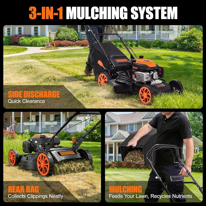 21-Inch Self-Propelled Gas Lawn Mower, 170CC 4-Stroke Engine, 7-Position Height Adjustment, 3-in-1 Mulching, Bagging & Side Discharge, 1.9-Bushel Grass Collector, EPA Compliant