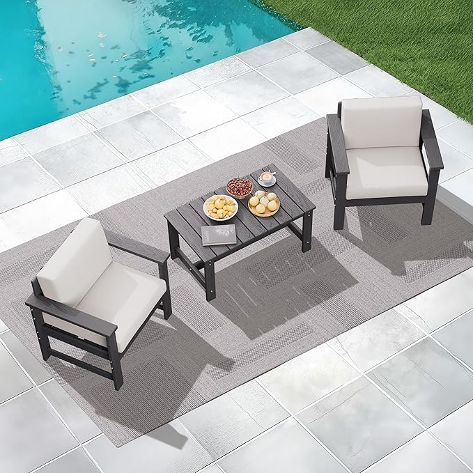 KINGYES 3 Pieces Outdoor Furniture Set, HDPE All Weather Use Conversation Couch, Grey Frame with Khaki Cushions