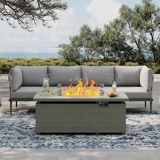 Metal Patio Furniture Set, 5 Pieces Outdoor Sectional Couch Sets with Fire Pit Table, 6" Thick Cushion Outdoor Conversation Set for Deck, Patio & Courtyard (Gray/Green)
