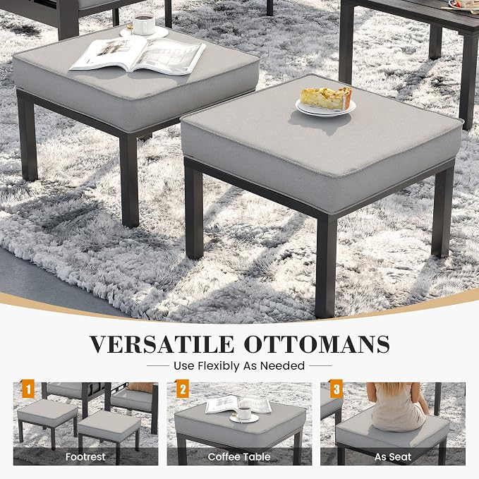UDPATIO Aluminum Outdoor Furniture Set with 2 Ottomans and Fire Pit Table, 7 Pieces All-Weather & UV-Resistant Patio Sectional Sofa Set for Deck, Backyard, Poolside, Light Gray