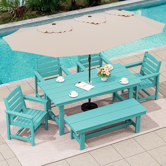 SERWALL 8-Pc HDPE Dining Set, 1 Table, 1 Umbrella & 6 Chairs, Aruba | Patio Dining Set with Umbrella, 67"Rectangular Table & 6 Chairs & 15FT Umbrella, All Weather Dining Furniture