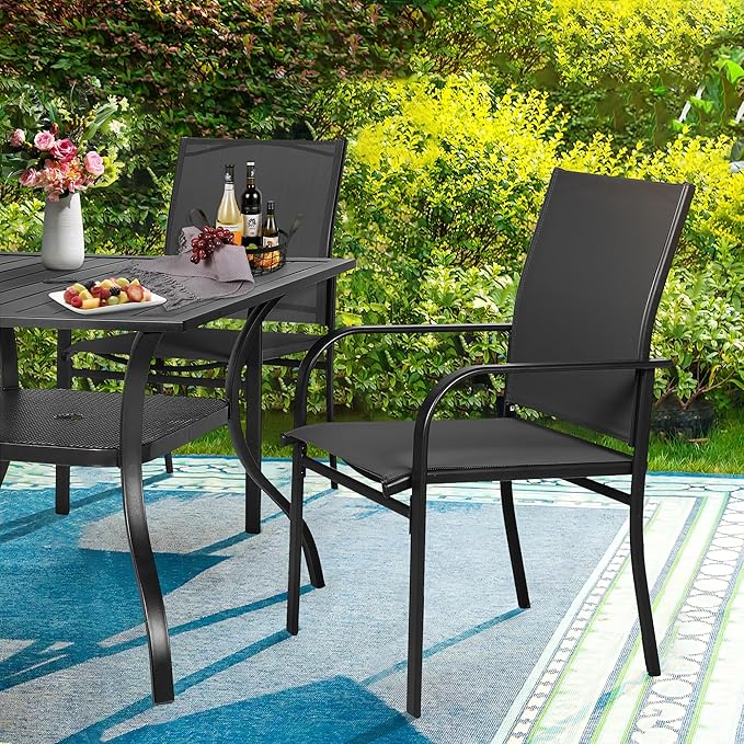 Crownland 5 Piece Patio Dining Set, Textilene Dining Sets, 4 Textilene Metal Chairs and Square Outdoor Dining Table with Khaki 9FT Round Outdoor Umbrella (Black)