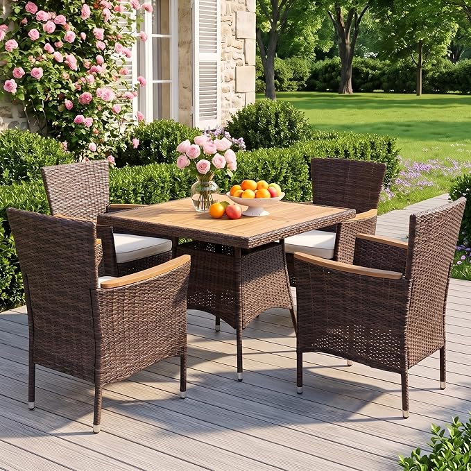 Wisteria Lane 5-Pieces Patio Dining Sets, Rattan Outdoor Table and Chairs with Acacia Wood Tabletop, Metal Patio Dining Furniture for 4 with Removable Cushions for Garden Backyard Deck, Brown