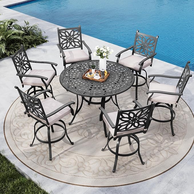 MFSTUDIO Outdoor Barstools Set of 2, Cast Aluminum Swivel Outdoor Bar Chairs, Bar Height Patio Chairs with Extra Wide Seat and Cushion, Brown, 350lbs