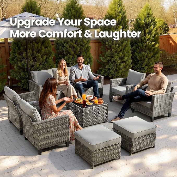 8 Piece Wicker Patio Furniture Set with Solar Table, Dark Gray | Outdoor Deep Seating Sofa Chair Ottoman, Solar Lights Table, All Weather Rattan, Modern Conversation Set, Porch Deck Backyard