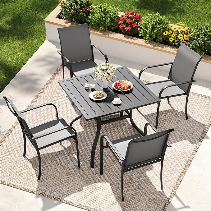 5-Piece Patio Dining Set,4 Person Outdoor Table and Chairs Set, 4 Metal Dining Chairs and Square Outdoor Table with 1.57" Umbrella Hole,Grey