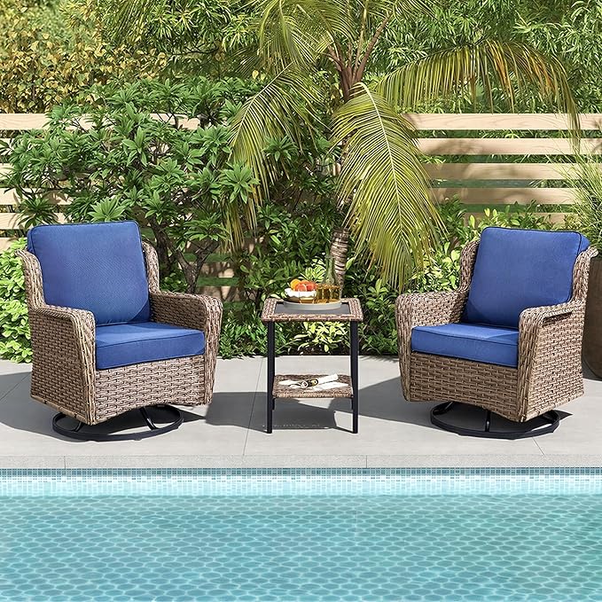 3 Piece Patio Furniture Set, Outdoor Wicker Swivel Chair Set with Side Table, All-Weather Cushioned Patio Conversation Set for Small Spaces, Porch, Balcony,Blue