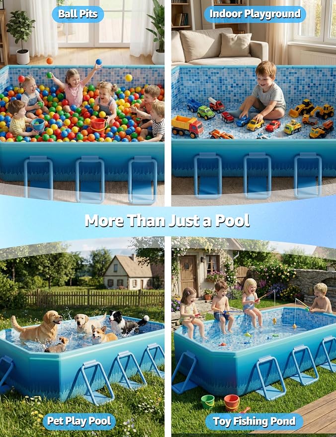 101" Foldable Pool for Kids & Adults,Blue | Non-Inflatable, Metal Frame, Thick PVC Collapsible, Swimming Pool for Kids Family Dogs,Outdoor Summer