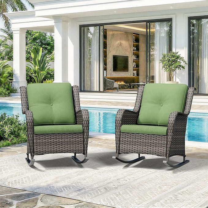 Patio Rocking Chairs Set of 2, Outdoor Wicker Patio Furniture Set 2 Pieces with Thickened Olefin Cushions, High Back and Deep Seating, Hand-Woven PE Rattan for Porch, Deck, Green