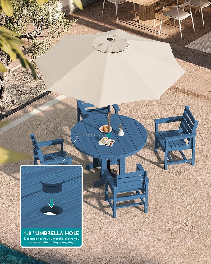 SERWALL 6-Piece Patio Dining Sets, HDPE Outdoor Table and Chairs Furniture Set with Umbrella, 45" Round Dining Table & 4 Dining Chairs & 1 9FT Umbrella, Navy(Not Include Umbrella Base)