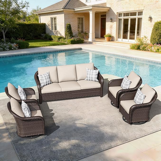 5 PCS Outdoor Conversation Set | 78" Couch, 4 Swivel Chairs, Patio Wicker Conversation Furniture with Removable Cushions for Bistro, Deck, Sunroom (Beige)